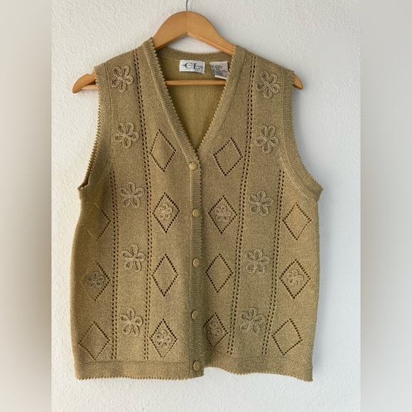 Vintage CRICKET LANE Metallic Gold Fancy Vest PM Petite Cardigan Sweater Jersey - Picture 3 of 17